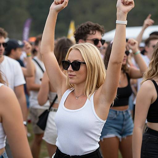 Photograph of a blonde woman with sunglasses, white tank top, and black shorts, raising her arms in a lively outdoor crowd.