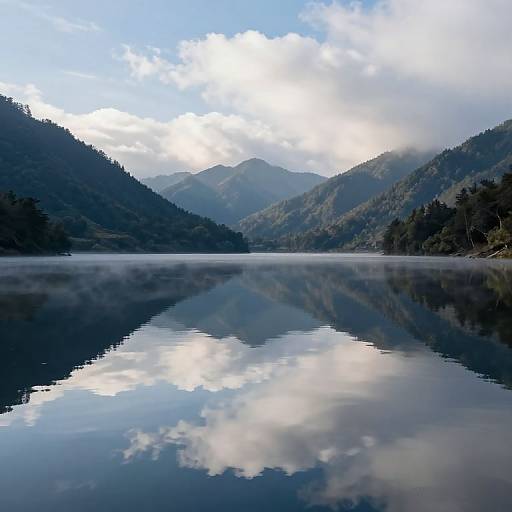 Photograph of a serene mountain lake with still water reflecting cloudy blue sky and surrounding forested hills, mist gently rising.
