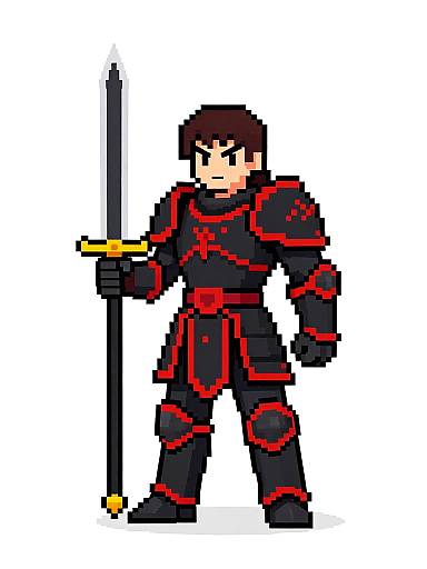 Pixel art of a serious male knight in black and red armor holding a long sword, standing against a grey background.