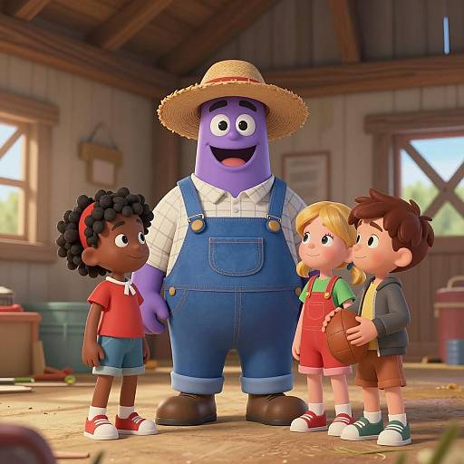 Cartoon Character in Barn with Kids