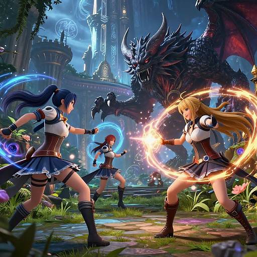 Digital fantasy artwork: Three anime-style female warriors in skirts and blazers duel magic against a dark dragon in a magical castle garden.