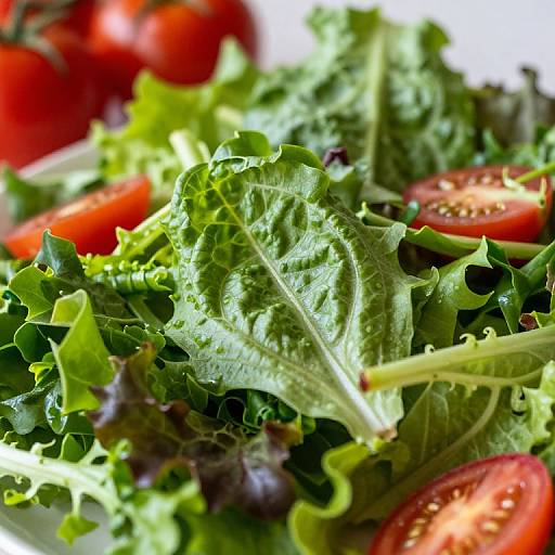 Close-up photograph of a fresh green leafy salad with vibrant red cherry tomatoes, showcasing detailed textures and rich colors.