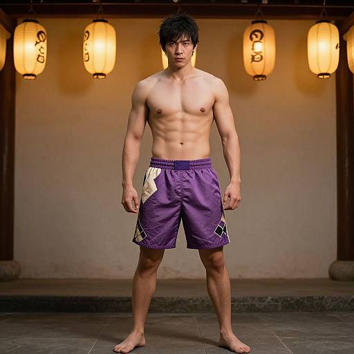 Man in Shorts by Lantern Wall