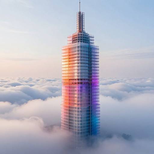 Photograph of a tall, modern skyscraper surrounded by fluffy clouds, bathed in pink, purple, and blue light, with a clear sky above