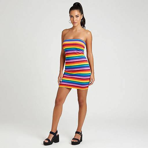 Photograph of a woman with dark hair in a high ponytail, wearing a strapless, rainbow-striped mini dress and black platform sandals, standing against