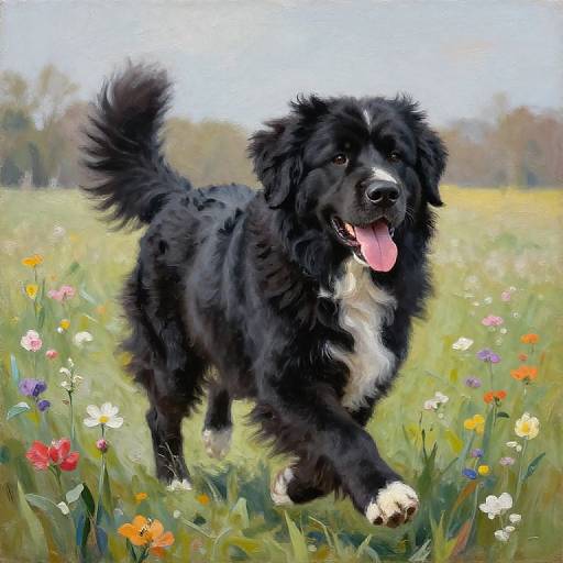 Happy Newfoundland Dog in Blooming Field