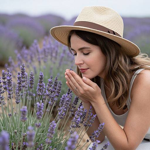 Photograph of a smiling woman with wavy brown hair in a straw hat, hands clasped, admiring blooming lavender field.
