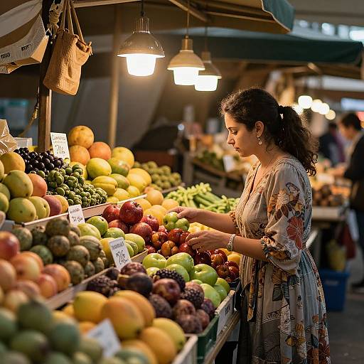Photograph of a South Asian woman with dark hair, wearing a floral dress, selecting apples at a brightly lit outdoor market stall.