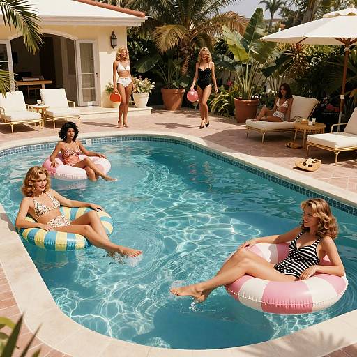 Photograph of five women in colorful swimwear relaxing on inflatable pool floats in a sunny backyard pool, surrounded by tropical plants and patio furniture.