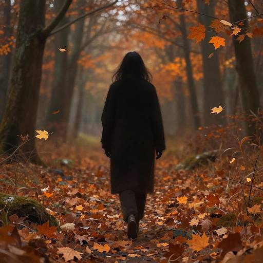 Shadowy Silhouette Walking in Autumn Forest