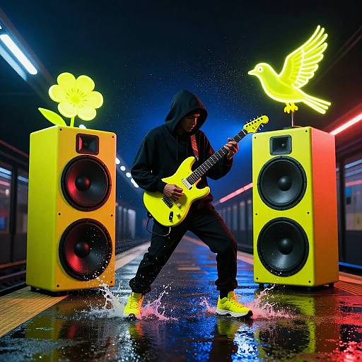 Neon Beatboxer on Gritty Subway Platform