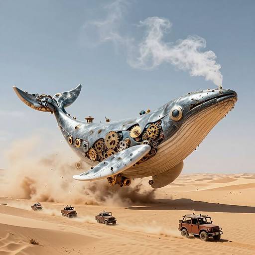 Photorealistic CGI of a massive, gear-covered blue whale flying over a desert, with four off-road vehicles driving below.