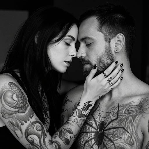 Black-and-white photograph of a tattooed couple in a tender, intimate embrace. Woman with long black hair, man with short hair and beard; both