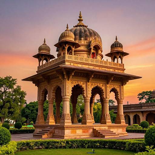 Photograph of an ornate, golden sandstone pavilion with three domes, intricate carvings, and arched columns, set against a