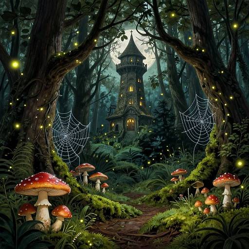 Enchanted forest scene with glowing fireflies, red-capped mushrooms, spider webs, and a magical, fairy-tale tower illuminated at night.