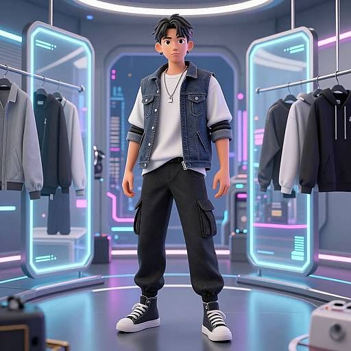 CGI image of a young man with black hair, wearing a denim vest, white shirt, black pants, and sneakers, standing in a neon-l