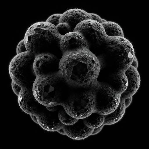 Photorealistic CGI of a black, fuzzy, spherical object with intricate, textured, overlapping layers, set against a deep black background.