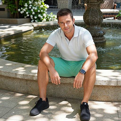 Photograph of a fit, short-haired man with light skin, wearing a white polo, green shorts, black sneakers, and a smartwatch, sitting