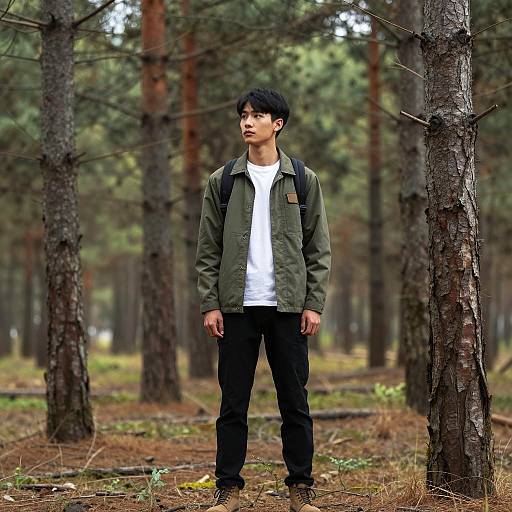 Adventurous Young Man in Pine Forest
