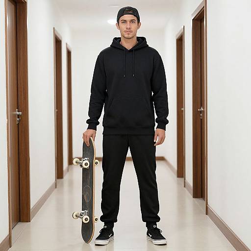 Photograph of a young man in a black hoodie, pants, and cap, standing in a brightly lit, wooden door hallway, holding a skateboard in