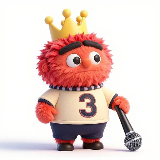CGI cartoon character: red, fluffy monster with black eyebrows, yellow crown, white shirt with 