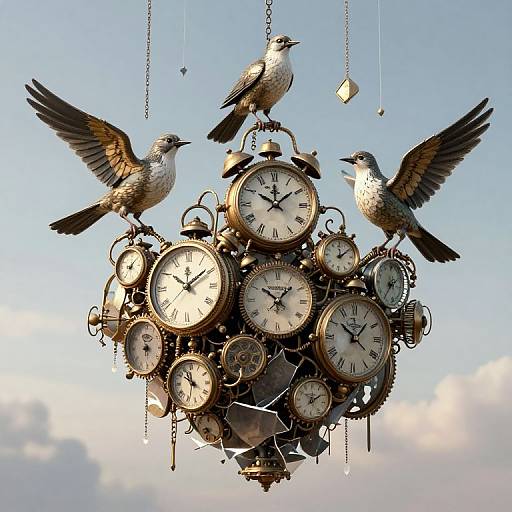 Photograph of a vintage clock chandelier with three brown and white birds perched on it, hanging against a clear blue sky.