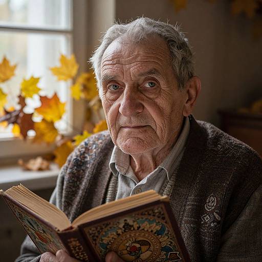 Photograph of an elderly man with gray hair and wrinkles, wearing a patterned cardigan, reading an ornate book in a sunlit room with