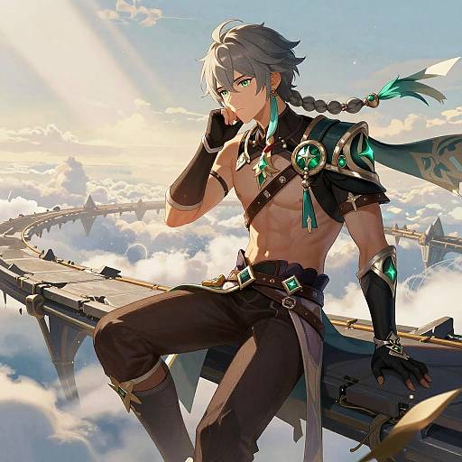 Aether on Crumbling Skybridge at Dawn