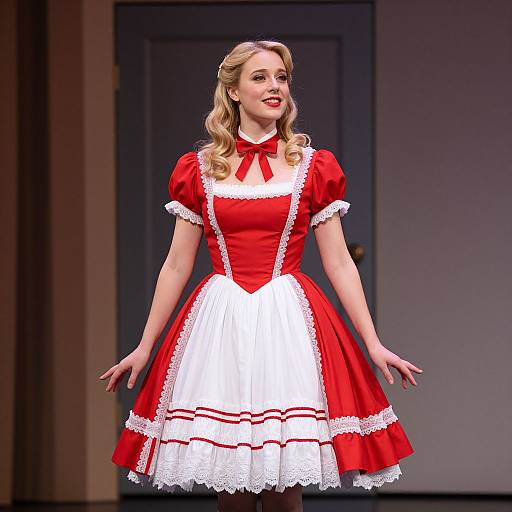 Photograph of a blonde woman in a red and white vintage-style maid dress with puffed sleeves and lace trim, standing against a plain blue door background