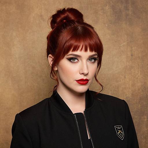 Photograph of a fair-skinned woman with red hair in an updo, wearing bold red lipstick and a black jacket, against a textured brown background