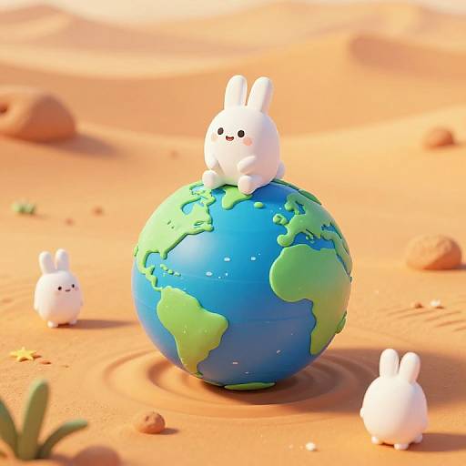 CGI image of three cute, white, cartoon bunnies with blushing cheeks, one sitting on a blue-green Earth globe in a sunny,