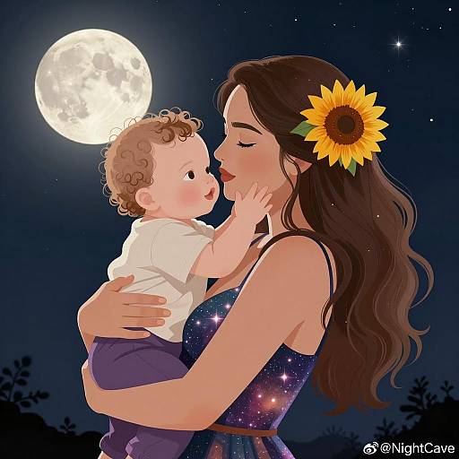 Mother and Baby Under Starry Night Sky