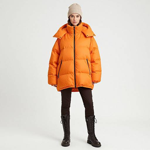 Photograph of a woman in an orange puffer coat, black pants, black boots, and beige knit hat, standing against a white background.