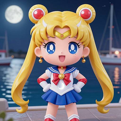 Chibi-style digital art of Sailor Moon with large blue eyes, blonde twin buns, and a moonlit marina background. She wears a blue