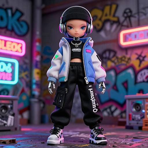 Digital art of a doll in urban graffiti setting, wearing headphones, blue jacket, black pants with 