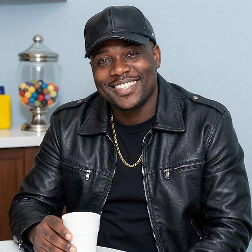 Smiling Black Man in Leather Jacket