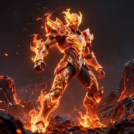 Digital artwork of a powerful, muscular superhero in fiery, glowing armor with flames engulfing his body, standing on rocky terrain.