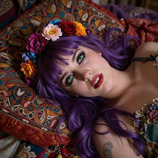 Photograph of a pale-skinned woman with vibrant purple hair, green eyes, red lipstick, and a colorful flower crown, lying on a patterned