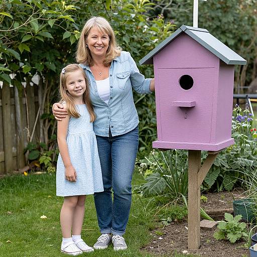 Smiling Woman and Girl in Garden