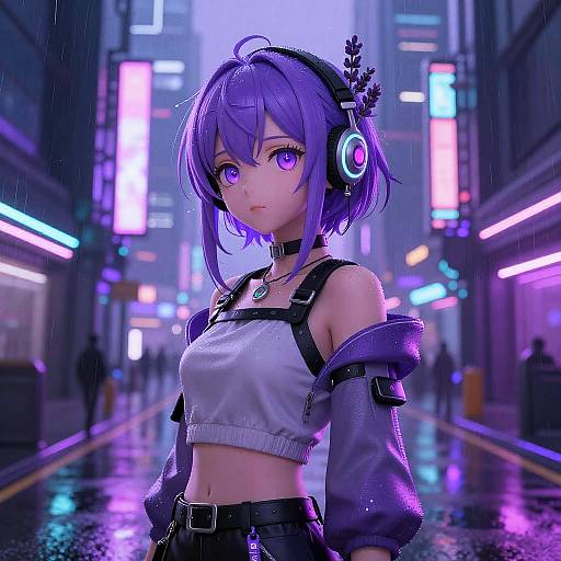 Digital anime-style artwork of a purple-haired girl with glowing purple eyes, wearing headphones, a white crop top, and black harness, in a neon-l