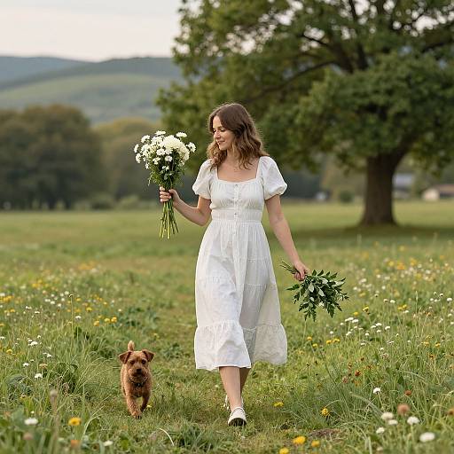 Photograph of a smiling woman in a white dress holding white flowers and greenery, walking through a sunny meadow with a small brown dog. Large