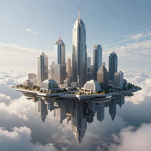 Digital illustration of a futuristic, floating cityscape with sleek, modern skyscrapers reflecting on a cloud-covered surface. Bright blue sky with soft sunlight.