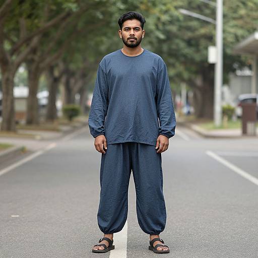 Photograph of a bearded Indian man with dark hair, wearing a loose blue long-sleeve shirt and matching baggy pants, standing on a