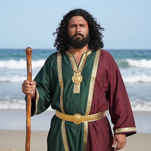 Serious Man in Traditional Robe on Beach