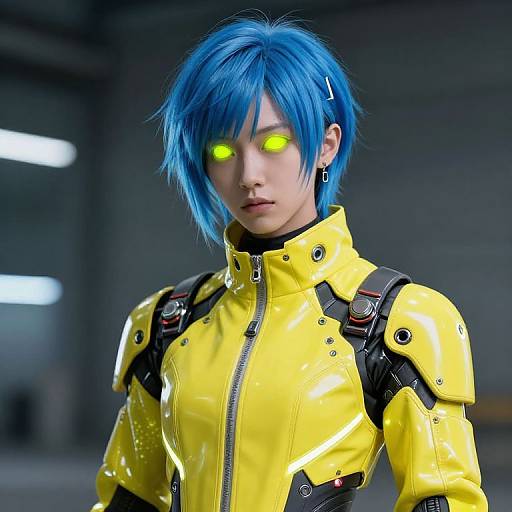 Digital art of a blue-haired woman with glowing yellow eyes, wearing a shiny yellow futuristic jacket with black armored accents, in a dimly lit industrial background