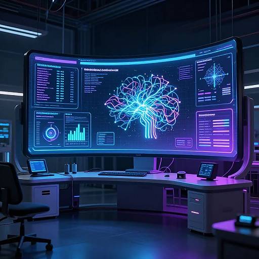 Photograph of a futuristic control room with a large curved screen displaying neon blue and purple data graphs and a luminous tree diagram, surrounded by desks and