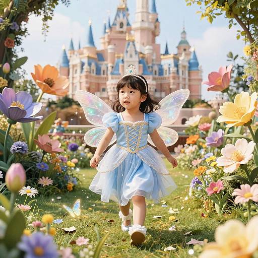 Photograph of an Asian toddler girl in a light blue fairy dress with transparent wings, walking through a vibrant flower garden towards a colorful castle in the background