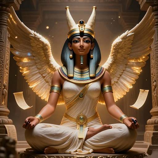 Digital art of an Egyptian goddess with black hair, gold headdress, white dress, large wings, seated cross-legged, glowing golden background.