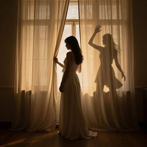 Silhouetted woman in flowing dress standing by window, pulling curtains, with shadow of dancing figure on sheer curtains. Photograph, warm light.