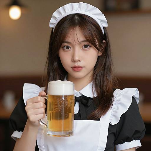 Photograph of an Asian woman with straight black hair, wearing a black and white maid outfit, holding a frothy beer mug in a dimly lit